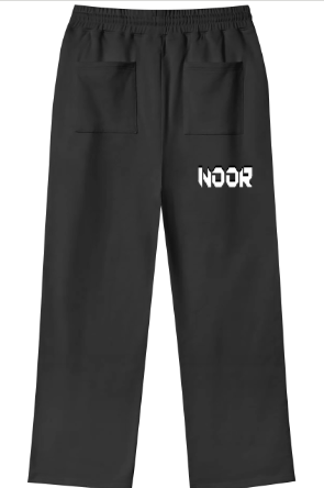 Black pants with 'NOOR' logo on a white background