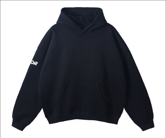 Black hoodie with a brand logo on a white background