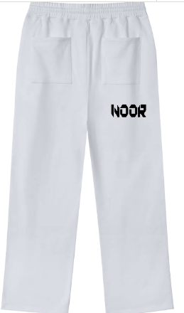 White sweatpants with 'NOOR' printed on the side against a white background