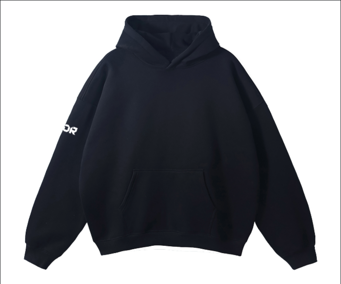Black hoodie with a brand logo on a white background