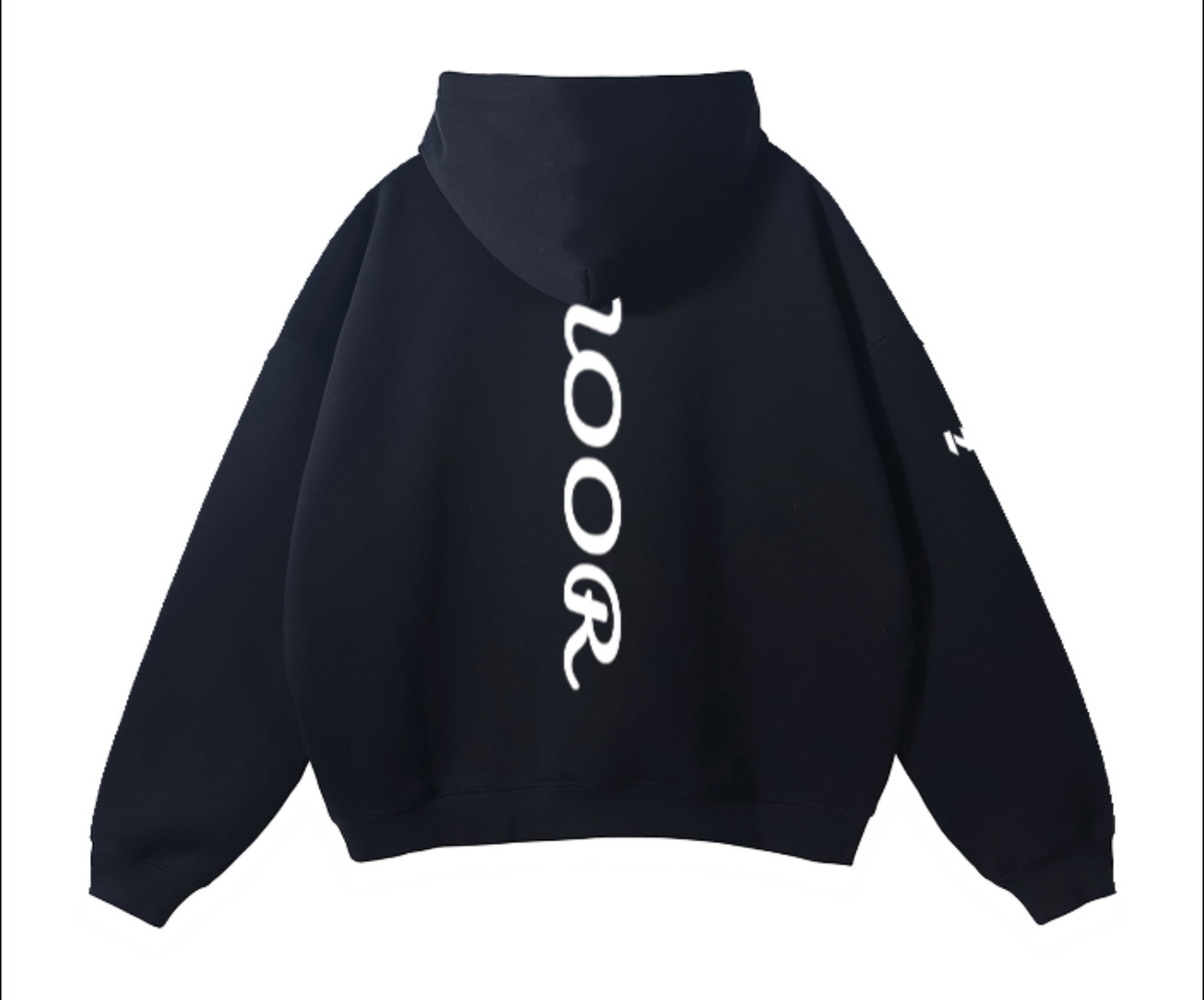 Black hoodie with 'LOOR' branding on the back against a white background