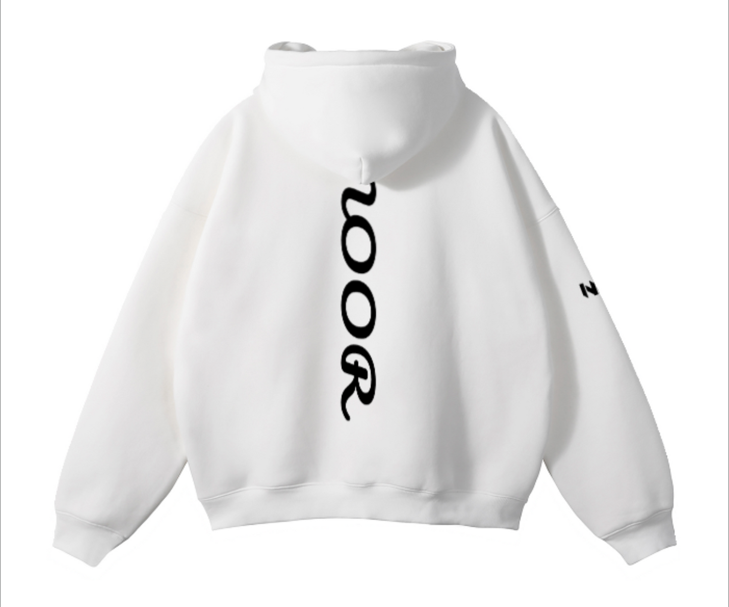 White hoodie with black text on the back against a white background