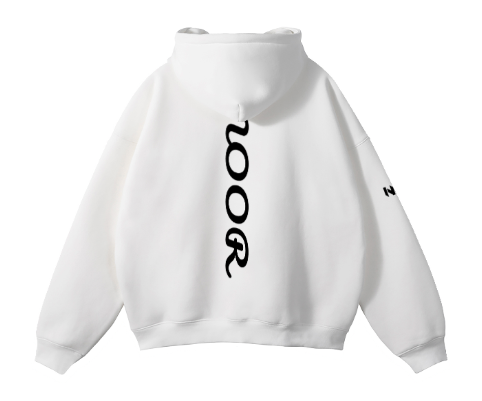 White hoodie with black text on the back against a white background