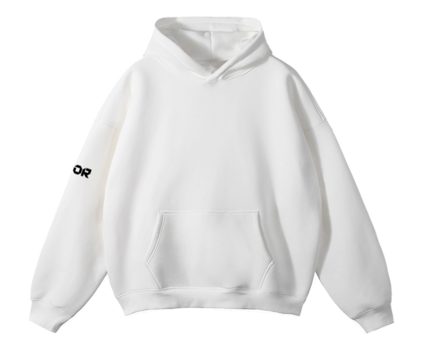 White hoodie with a brand logo on a white background