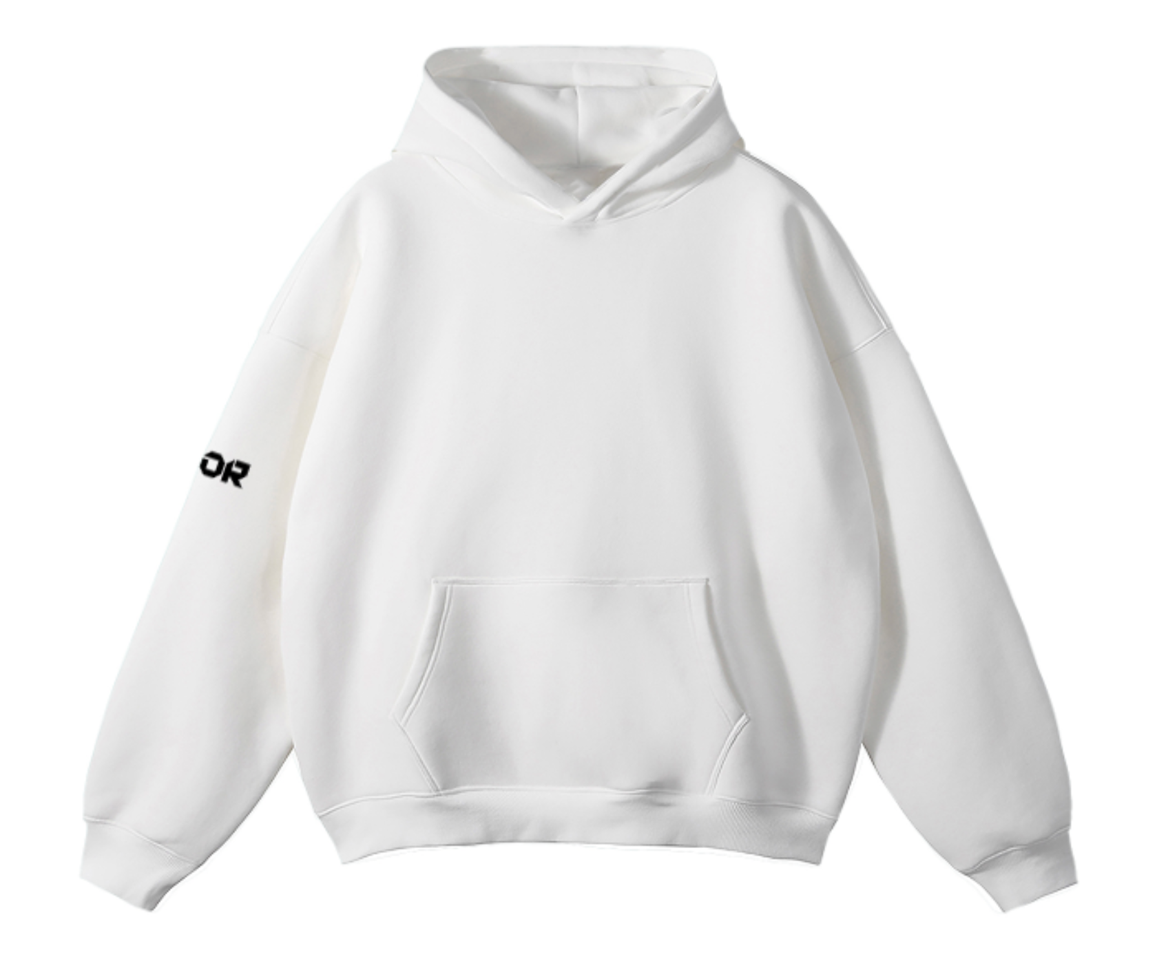 White hoodie with a brand logo on a white background