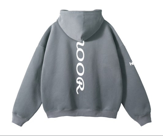 Gray hoodie with 'LOOR' branding on the back against a white background