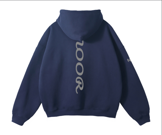 Navy blue hoodie with 'loor' branding on the back against a white background
