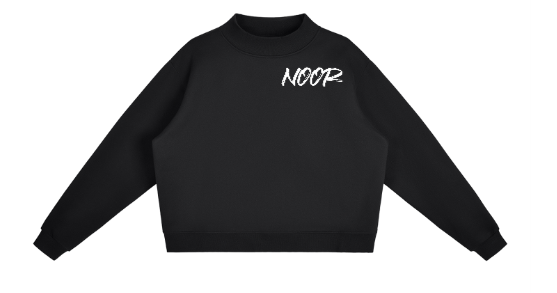 Black sweatshirt with 'NOOR' text on a white background