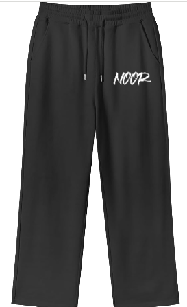Black pants with 'NOOR' text on a white background