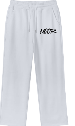 White sweatpants with 'NOOR' printed on a white background