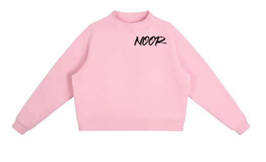 Pink sweatshirt with 'NOOR' text on a white background