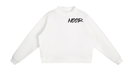 White sweatshirt with 'NOOR' text on a white background