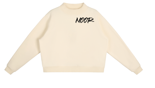 Beige sweatshirt with 'NOOP' text on a white background